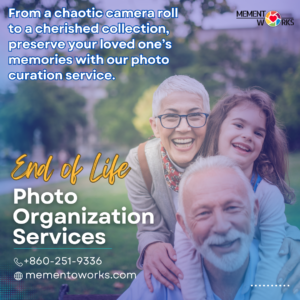 A joyful multigenerational family in a park, featuring an elderly couple and a young girl smiling together. The promotional graphic for Memento Works advertises 'End of Life Photo Organization Services,' with text highlighting the transformation of a chaotic camera roll into a cherished collection. The company's contact details, including phone number and website, are displayed at the bottom.